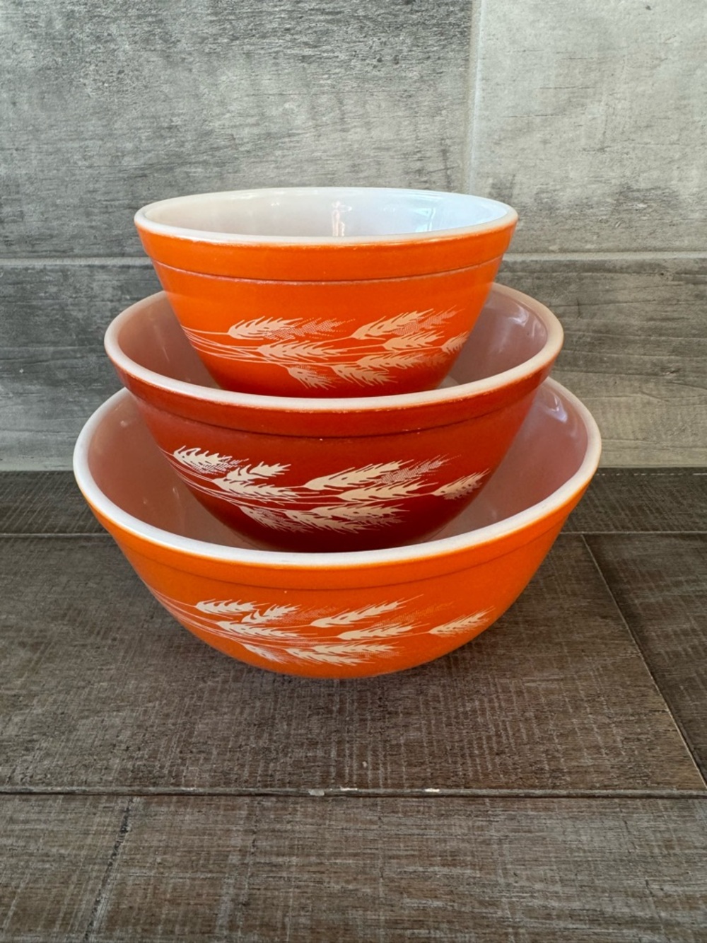 Vintage Pyrex Autumn Harvest Wheat Nesting Bowls 401, 402 403 Mixing Bowls